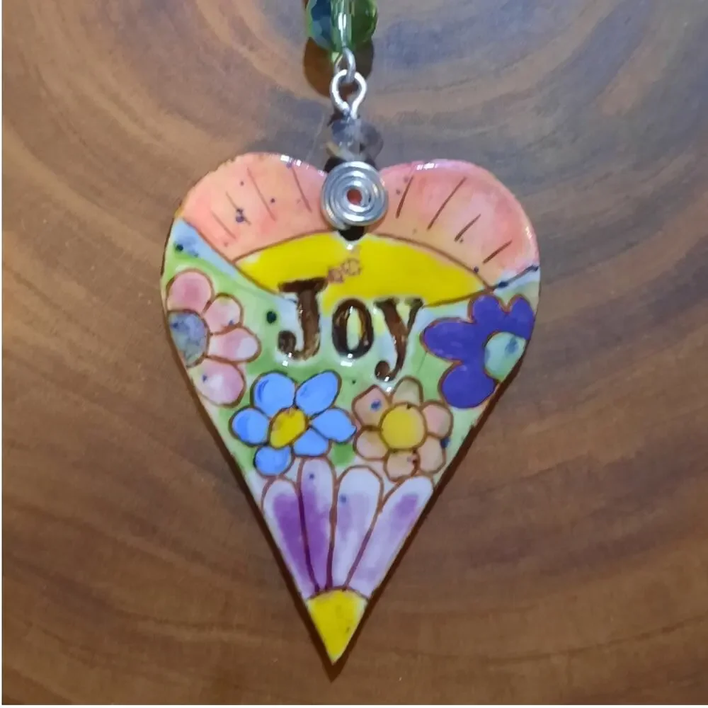 Artisan Ceramic Heart Beaded Suncatcher JOY Vibrant Crystals Diffuser Floral NEW